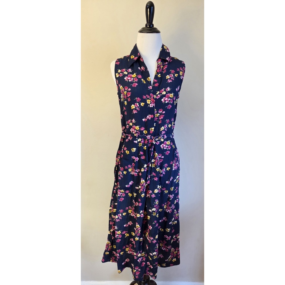 Vintage April Cornell Collared Sleeveless Navy Floral Dress With Belt XS
